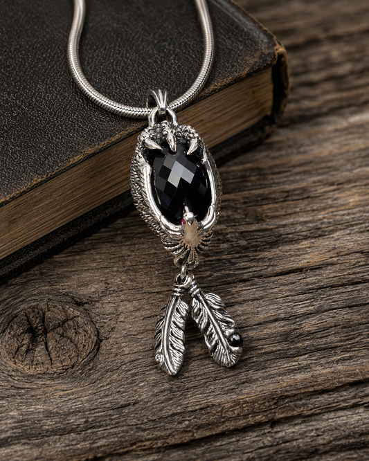 Sterling Silver Eagle Pendant with Black Onyx & Ruby Eyes – Gothic Feather Necklace Pendant