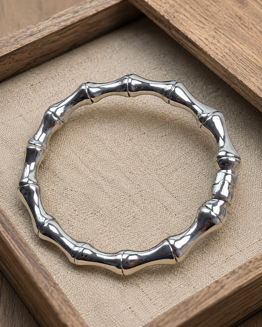 Solid Sterling Silver Bamboo Bangle Bracelet – 8mm Hollow Hinged Spring Opening