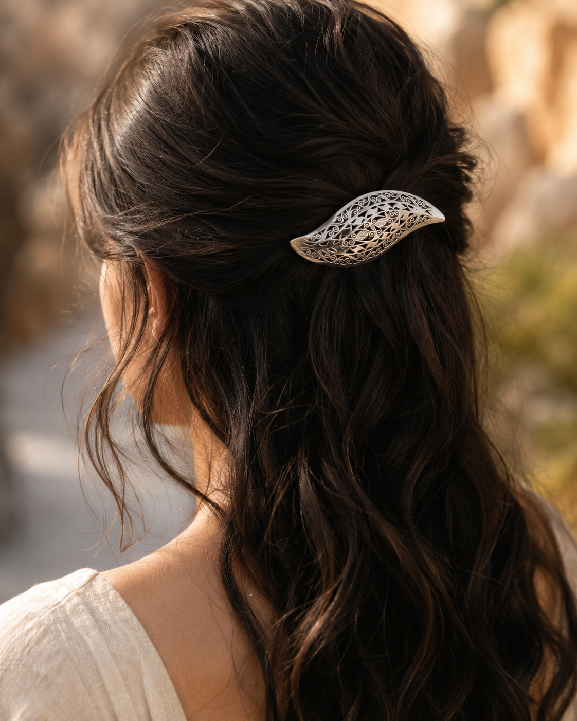 Sterling Silver Filigree Leaf Hair Clip, Handmade Ornate Floral Barrette, Elegant Silver Hair Accessory for Women