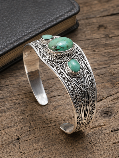 Turquoise Sterling Silver Cuff Bracelet | Triple Turquoise Statement Cuff