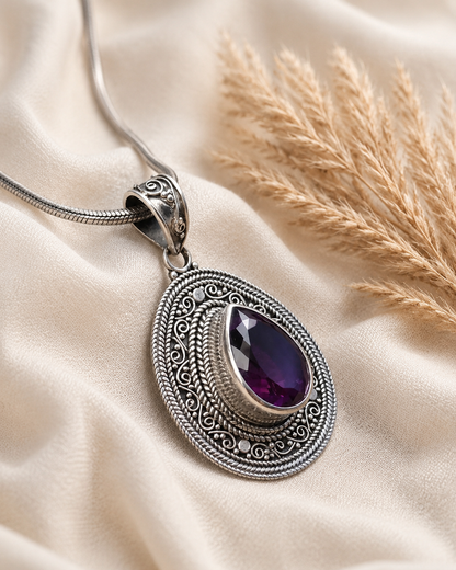 Sterling Silver Amethyst Teardrop Pendant , Boho Filigree Purple Gemstone Jewelry