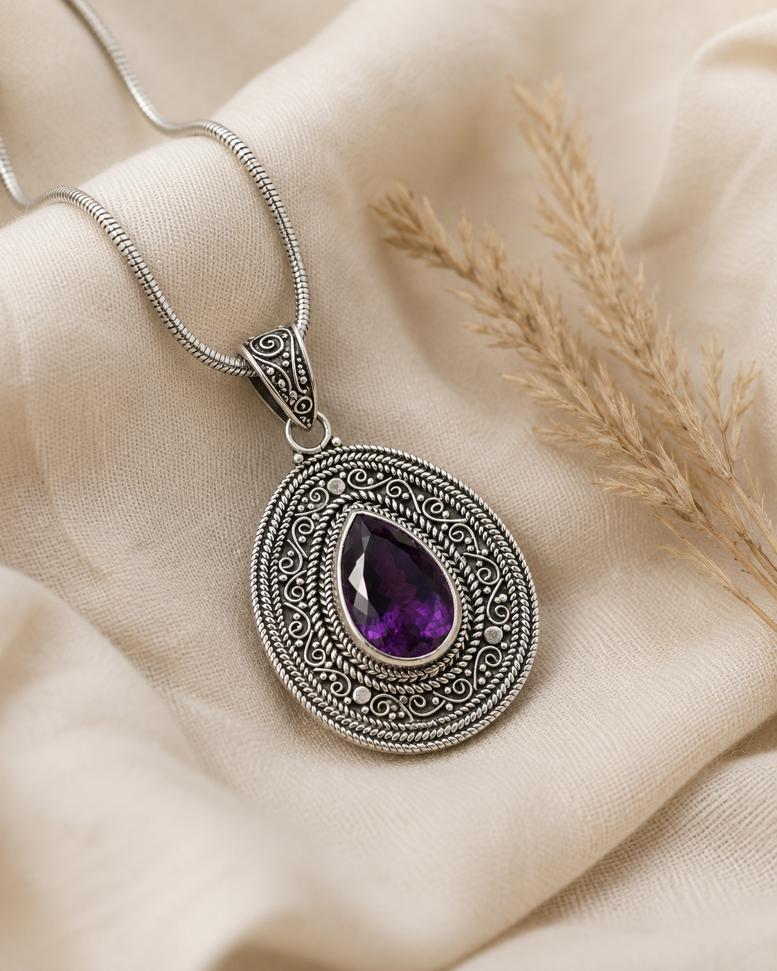Sterling Silver Amethyst Teardrop Pendant , Boho Filigree Purple Gemstone Jewelry