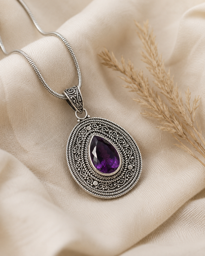 Sterling Silver Amethyst Teardrop Pendant , Boho Filigree Purple Gemstone Jewelry
