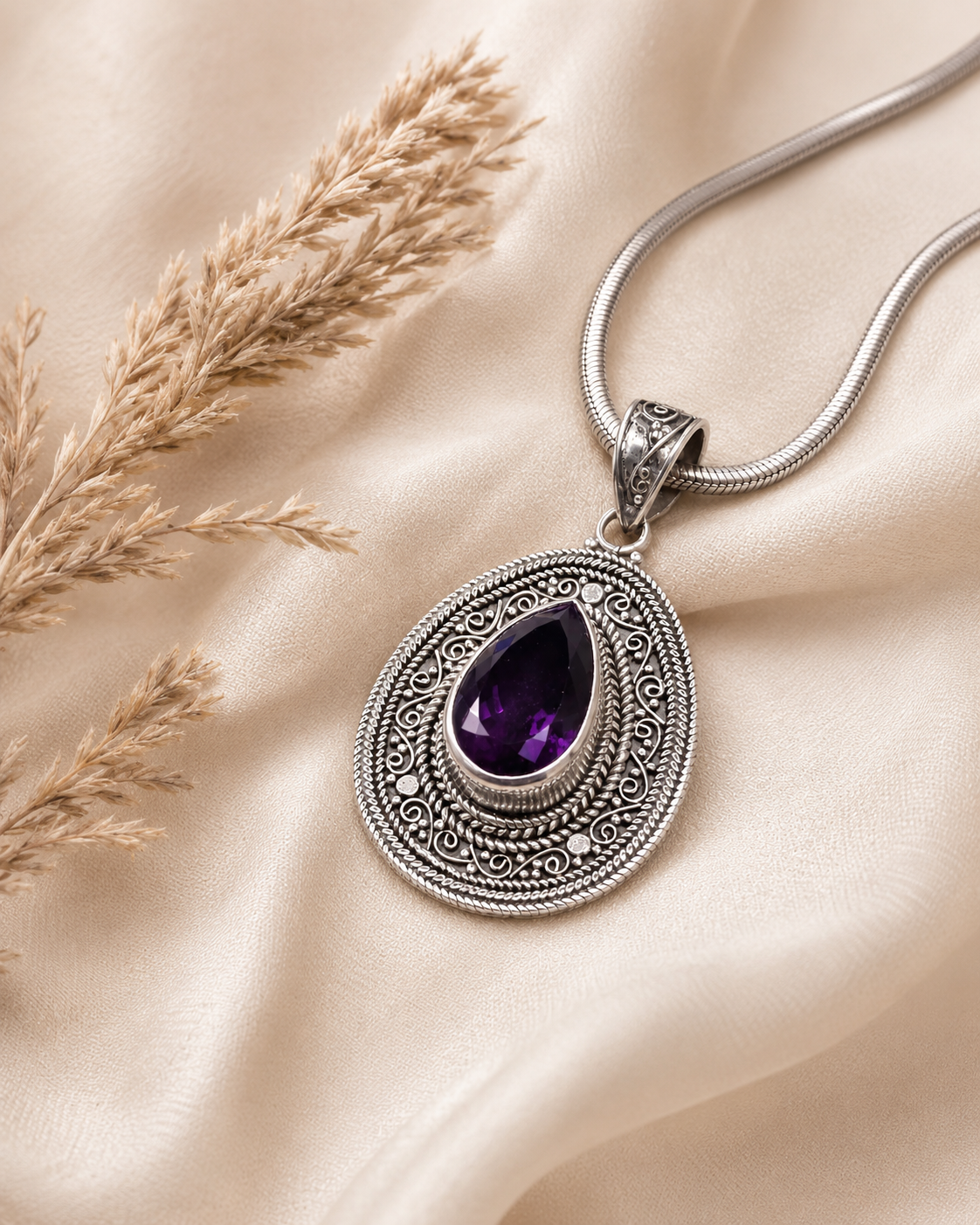 Sterling Silver Amethyst Teardrop Pendant , Boho Filigree Purple Gemstone Jewelry