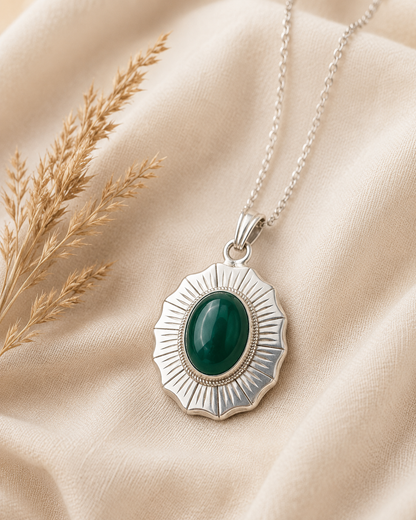 Sterling Silver Green Onyx Pendant, Oval Gemstone Sunburst Pendant, Handmade 925 Silver Statement Jewelry Gift for Her