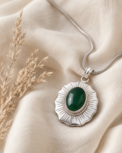 Sterling Silver Green Onyx Pendant, Oval Gemstone Sunburst Pendant, Handmade 925 Silver Statement Jewelry Gift for Her