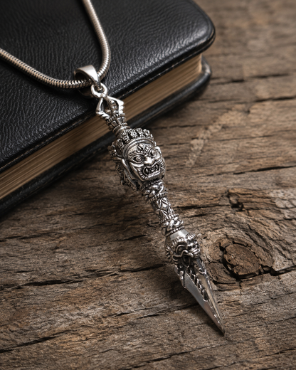 Solid Sterling Silver Dorjee Phurba Pendant, 3 Sided Bhairav Face Vajra Dagger Pendant