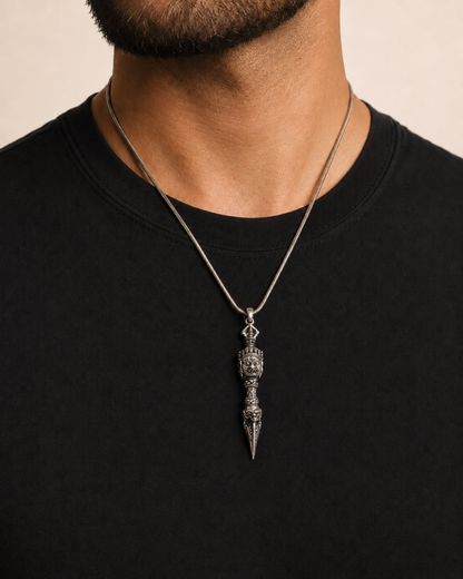 Solid Sterling Silver Dorjee Phurba Pendant, 3 Sided Bhairav Face Vajra Dagger Pendant