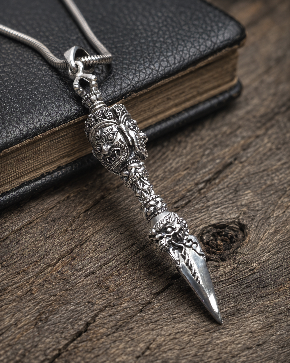 Solid Sterling Silver Dorjee Phurba Pendant, 3 Sided Bhairav Face Vajra Dagger Pendant