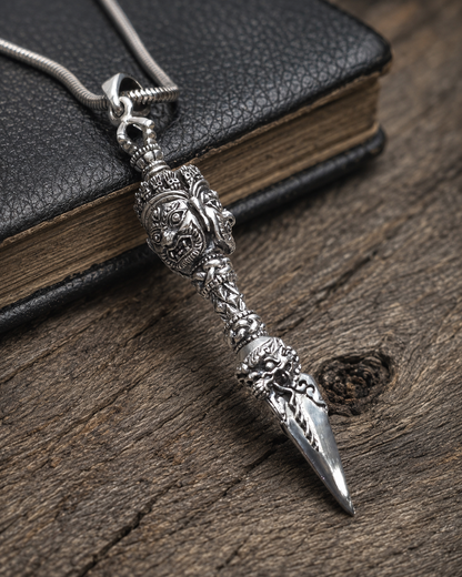 Solid Sterling Silver Dorjee Phurba Pendant, 3 Sided Bhairav Face Vajra Dagger Pendant