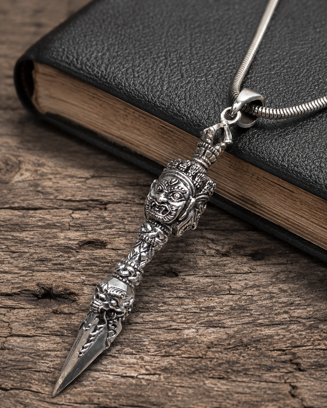 Solid Sterling Silver Dorjee Phurba Pendant, 3 Sided Bhairav Face Vajra Dagger Pendant