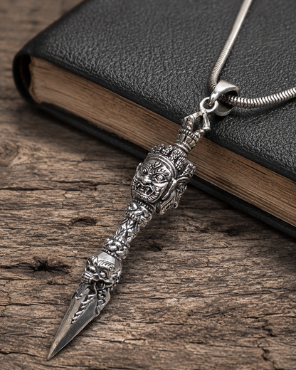Solid Sterling Silver Dorjee Phurba Pendant, 3 Sided Bhairav Face Vajra Dagger Pendant