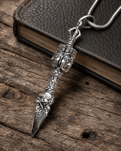 Solid Sterling Silver Dorjee Phurba Pendant, 3 Sided Bhairav Face Vajra Dagger Pendant