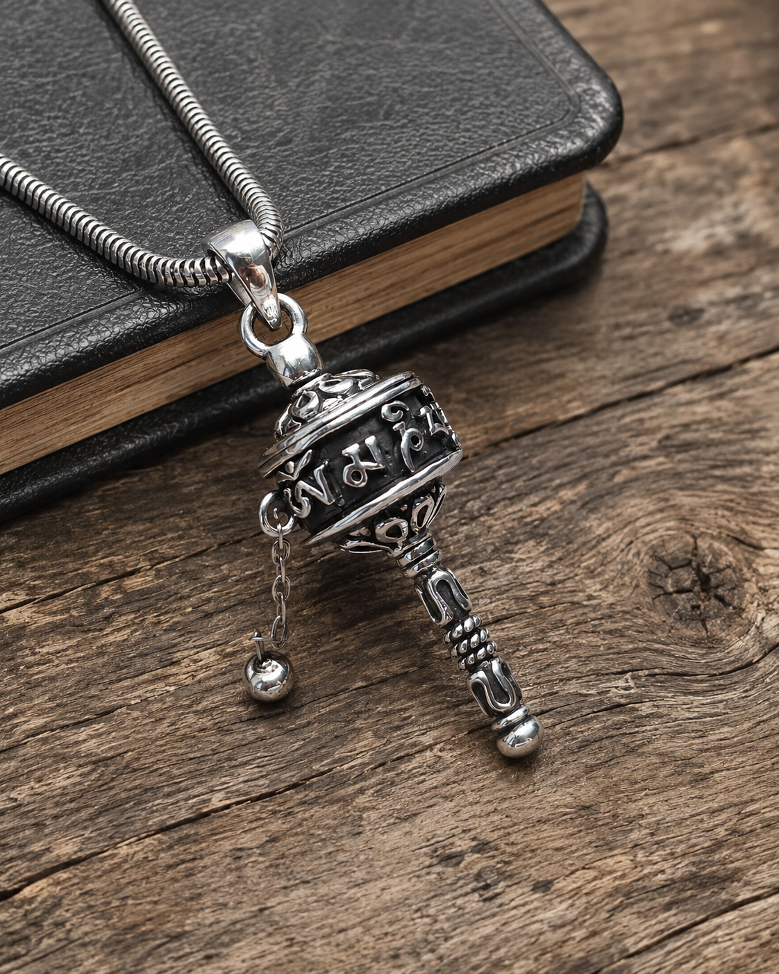 Om Mani Padme Hum Prayer Wheel Pendant, Sterling Silver Solid Tibetan Mantra Necklace Pendant