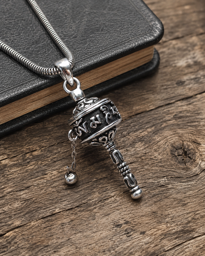 Om Mani Padme Hum Prayer Wheel Pendant, Sterling Silver Solid Tibetan Mantra Necklace Pendant