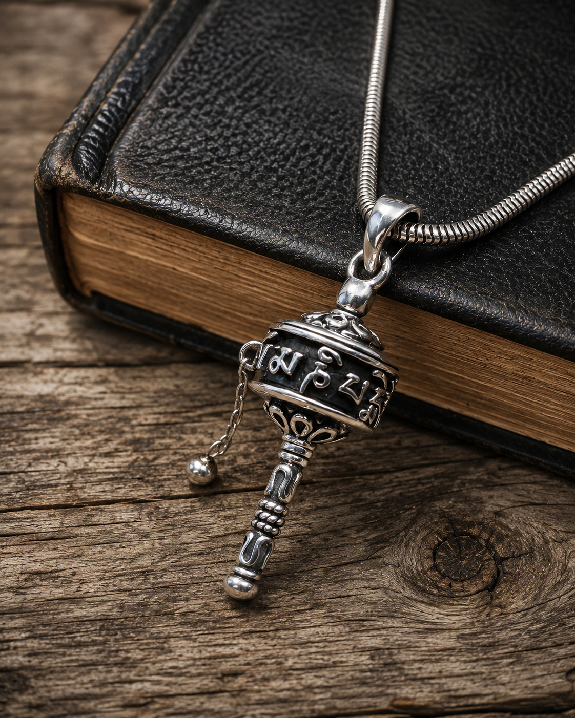 Om Mani Padme Hum Prayer Wheel Pendant, Sterling Silver Solid Tibetan Mantra Necklace Pendant