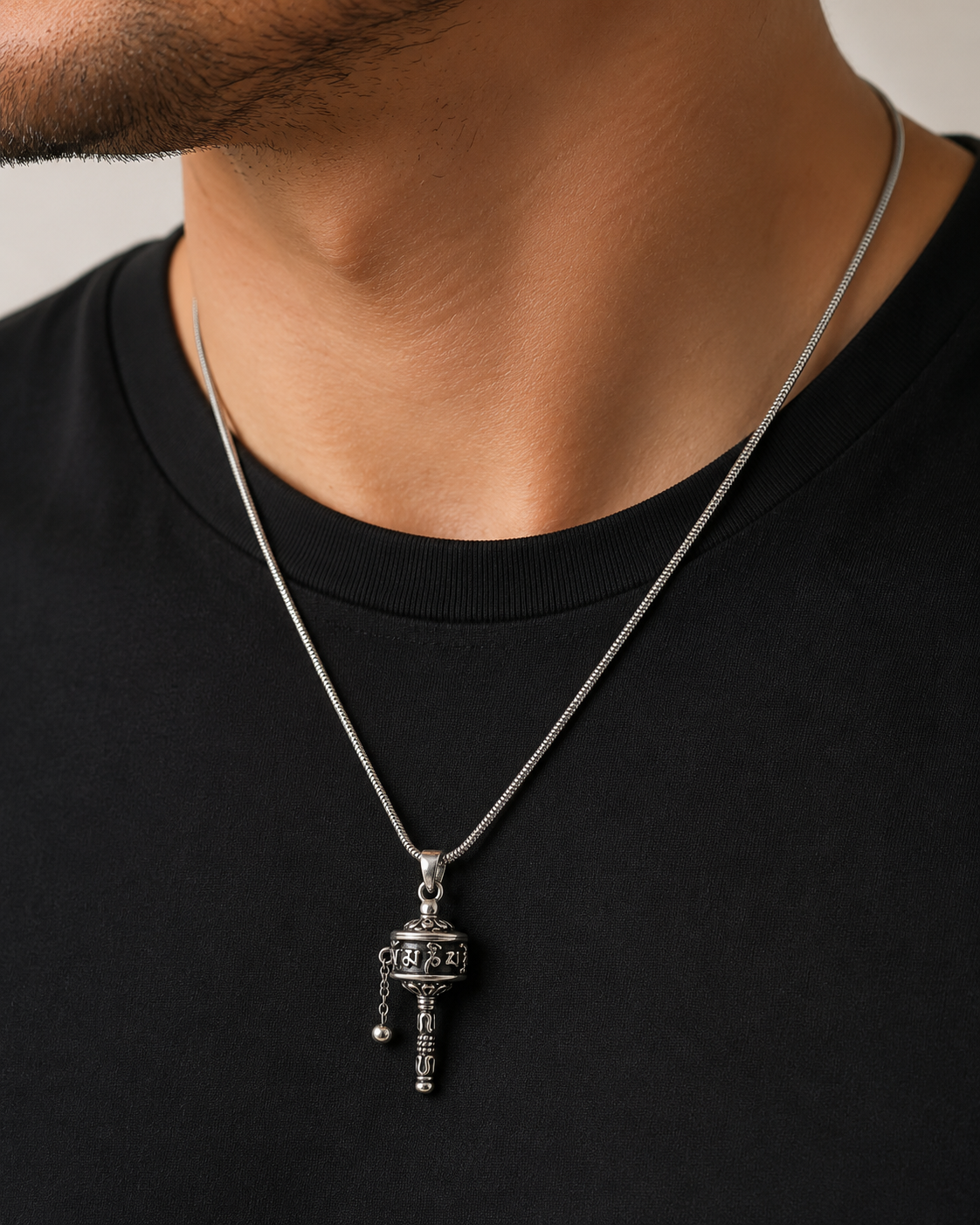 Om Mani Padme Hum Prayer Wheel Pendant, Sterling Silver Solid Tibetan Mantra Necklace Pendant