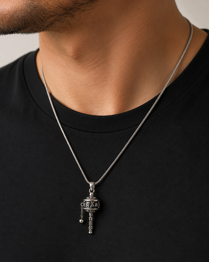 Om Mani Padme Hum Prayer Wheel Pendant, Sterling Silver Solid Tibetan Mantra Necklace Pendant