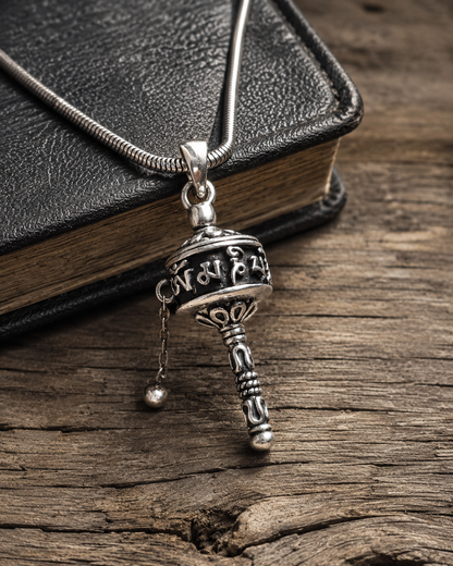 Om Mani Padme Hum Prayer Wheel Pendant, Sterling Silver Solid Tibetan Mantra Necklace Pendant