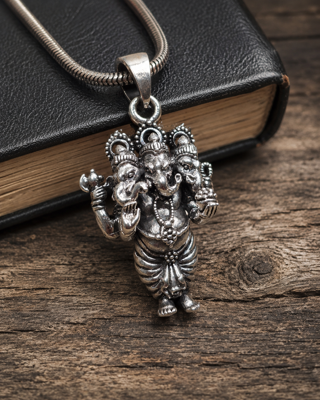 Heavy Solid Sterling Silver 3 Head Ganesha Pendant, Trimurti Ganesh Pendant, Hindu Elephant God Jewelry