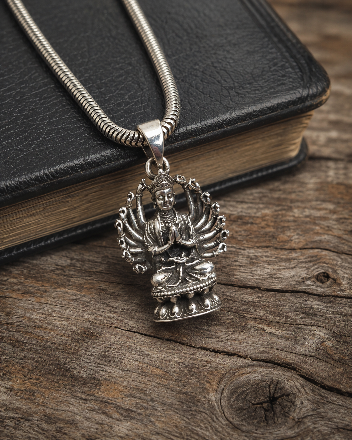 Solid Heavy Sterling Silver Avalokiteshvara Pendant | Chenrezig Thousand Arm Bodhisattva Pendant