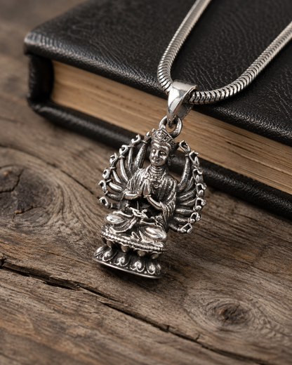 Solid Heavy Sterling Silver Avalokiteshvara Pendant | Chenrezig Thousand Arm Bodhisattva Pendant