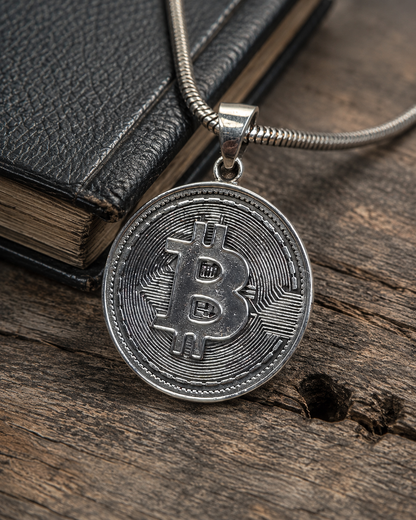 Solid Sterling Silver Bitcoin Pendant – Crypto Coin Charm Jewelry for Men, Blockchain Investor Gift