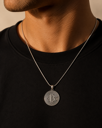 Solid Sterling Silver Bitcoin Pendant – Crypto Coin Charm Jewelry for Men, Blockchain Investor Gift