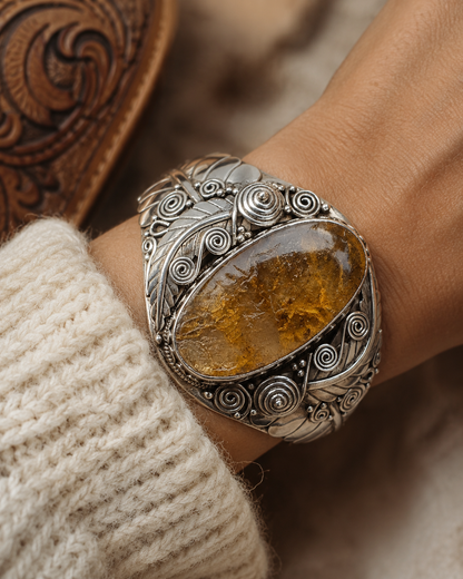 Solid Heavy Sterling Silver Natural Amber Cuff Bracelet, Handmade Wide Boho Statement Bangle