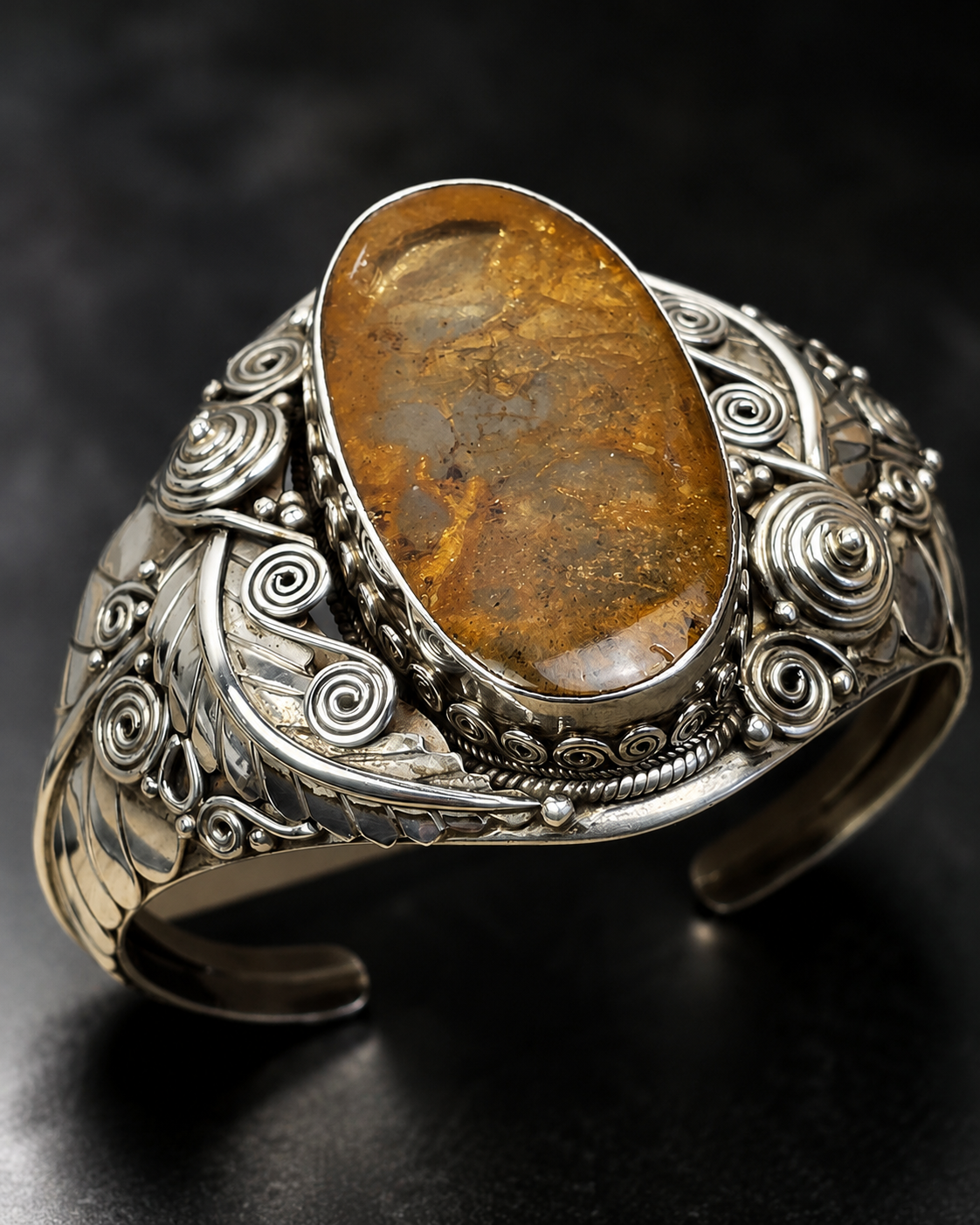Solid Heavy Sterling Silver Natural Amber Cuff Bracelet, Handmade Wide Boho Statement Bangle