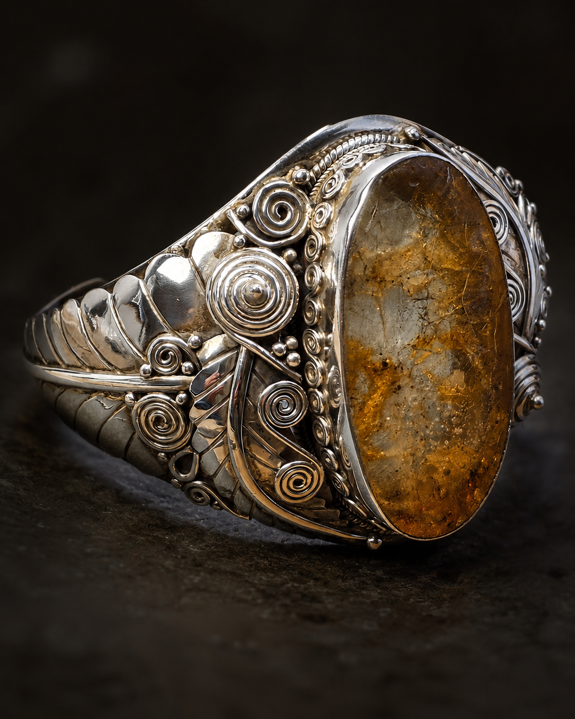 Solid Heavy Sterling Silver Natural Amber Cuff Bracelet, Handmade Wide Boho Statement Bangle