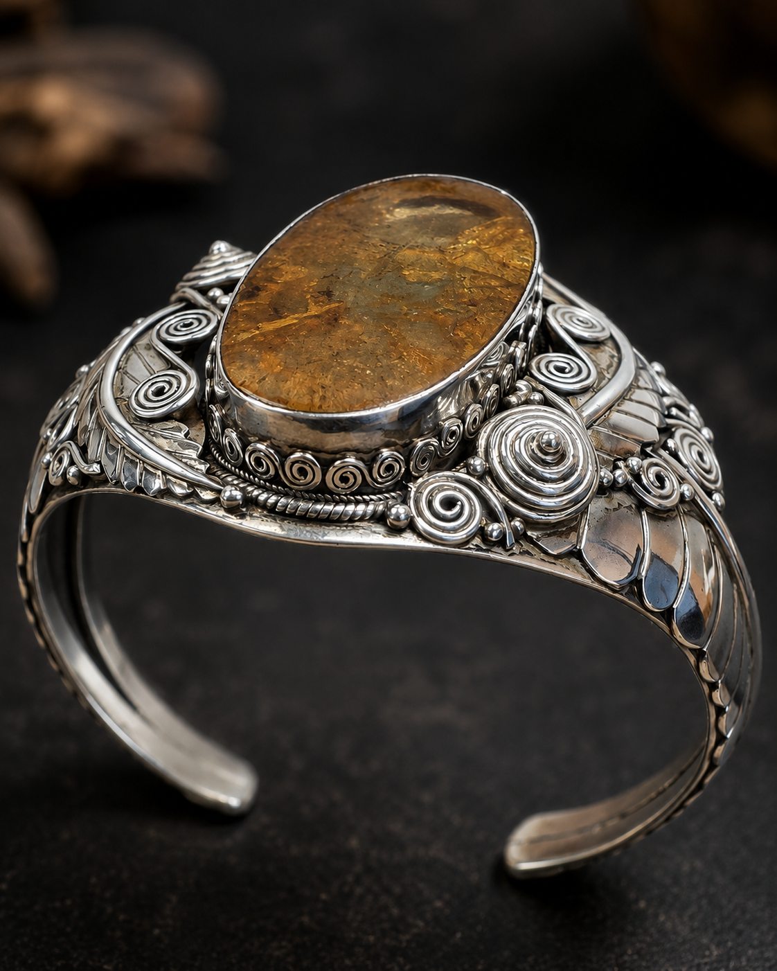 Solid Heavy Sterling Silver Natural Amber Cuff Bracelet, Handmade Wide Boho Statement Bangle