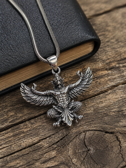 Solid Heavy Sterling Silver Lord Garuda Pendant – Hindu Vishnu Eagle Deity Necklace Jewelry