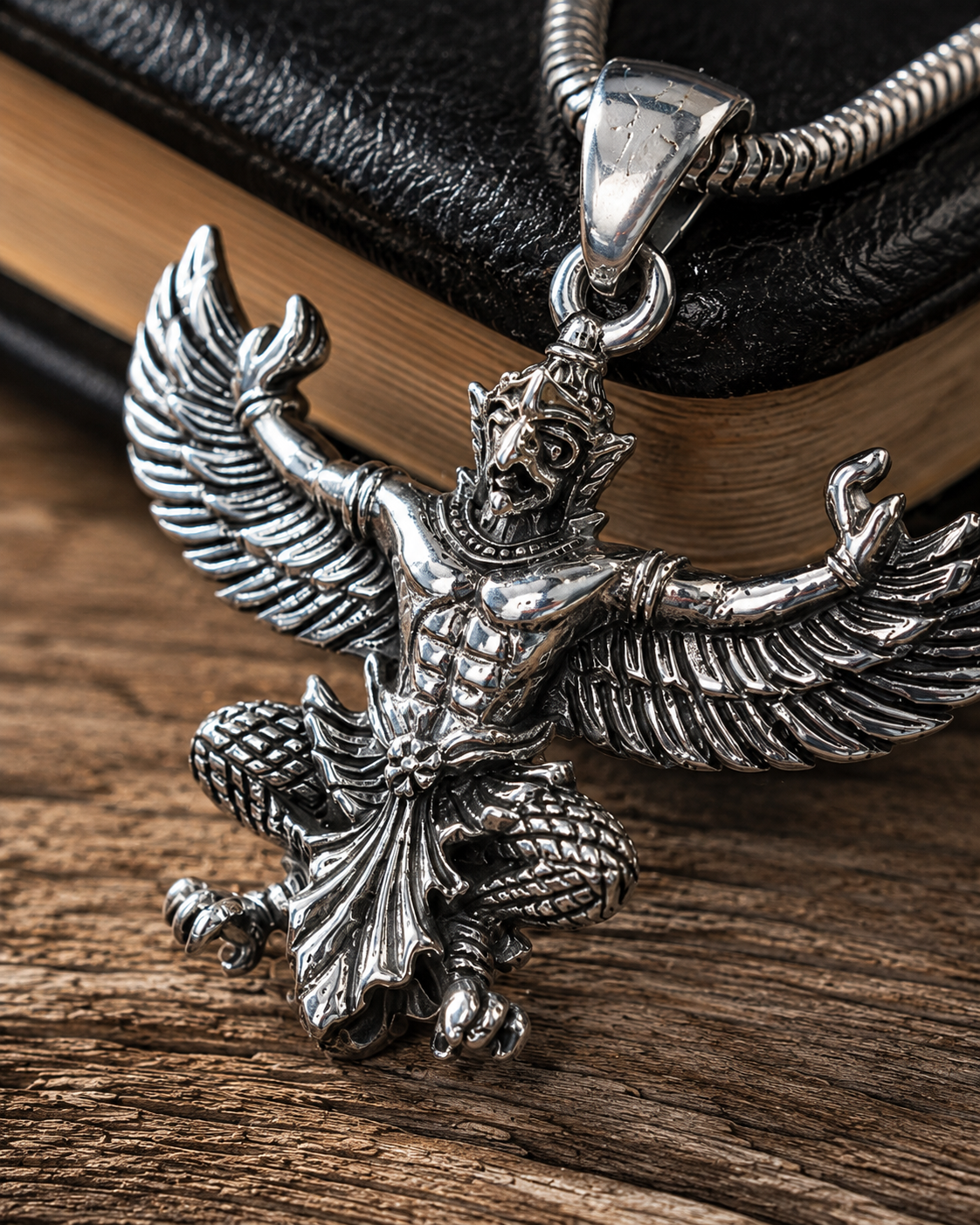 Solid Heavy Sterling Silver Lord Garuda Pendant – Hindu Vishnu Eagle Deity Necklace Jewelry