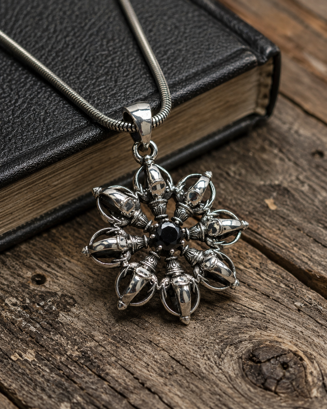Heavy Solid Sterling Silver Black Spinel Vajra Mandala Pendant Necklace
