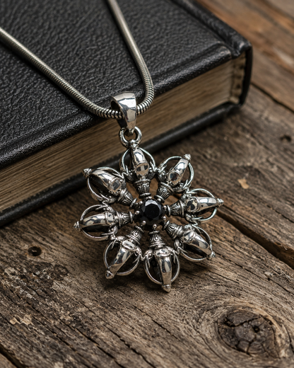 Heavy Solid Sterling Silver Black Spinel Vajra Mandala Pendant Necklace