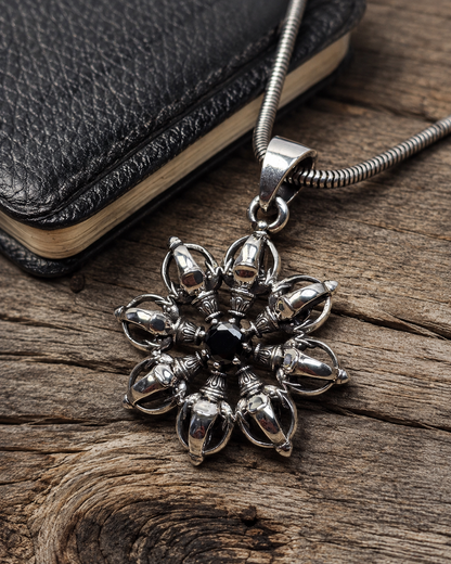 Heavy Solid Sterling Silver Black Spinel Vajra Mandala Pendant Necklace
