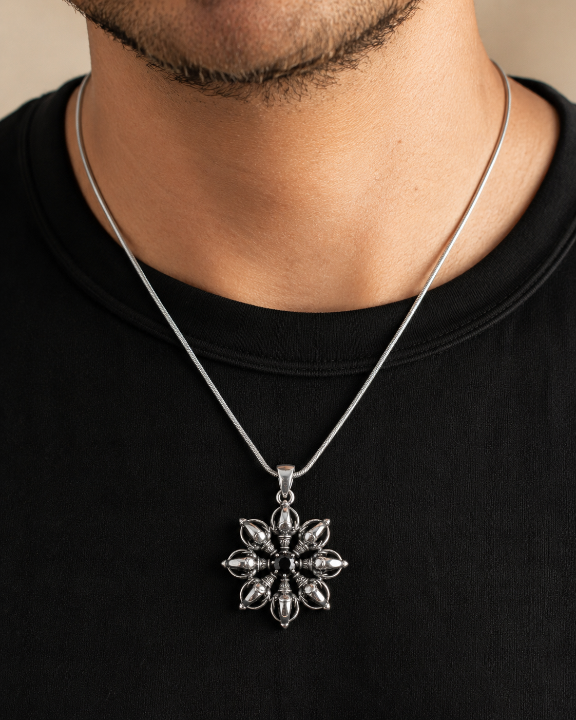 Heavy Solid Sterling Silver Black Spinel Vajra Mandala Pendant Necklace