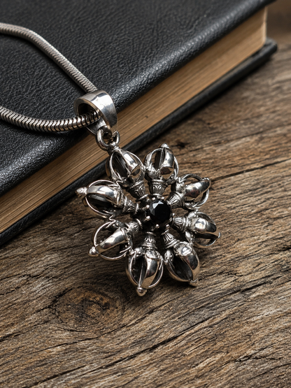 Heavy Solid Sterling Silver Black Spinel Vajra Mandala Pendant Necklace