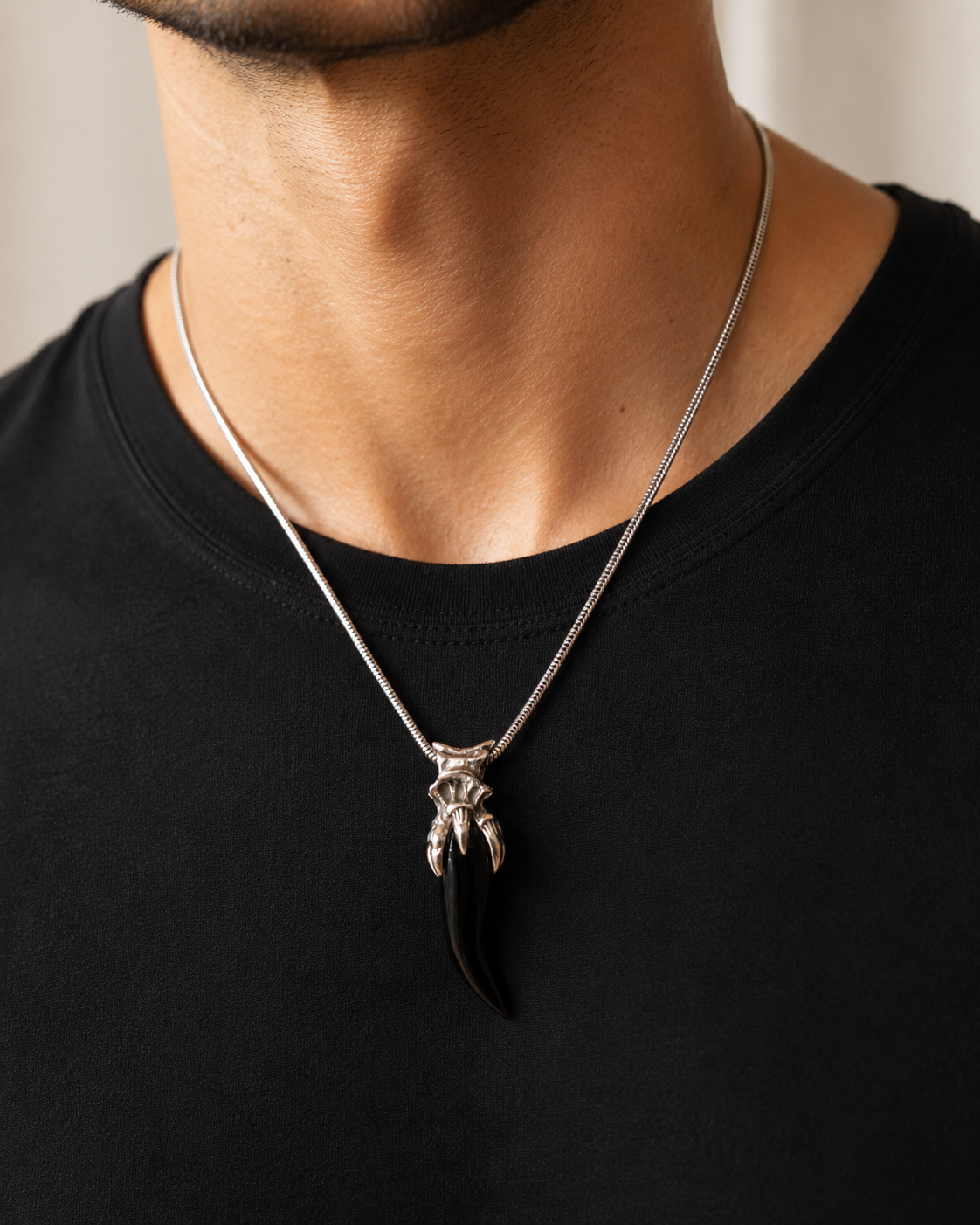 Black Onyx Claw Pendant , Solid Sterling Silver Gothic Fang Talisman