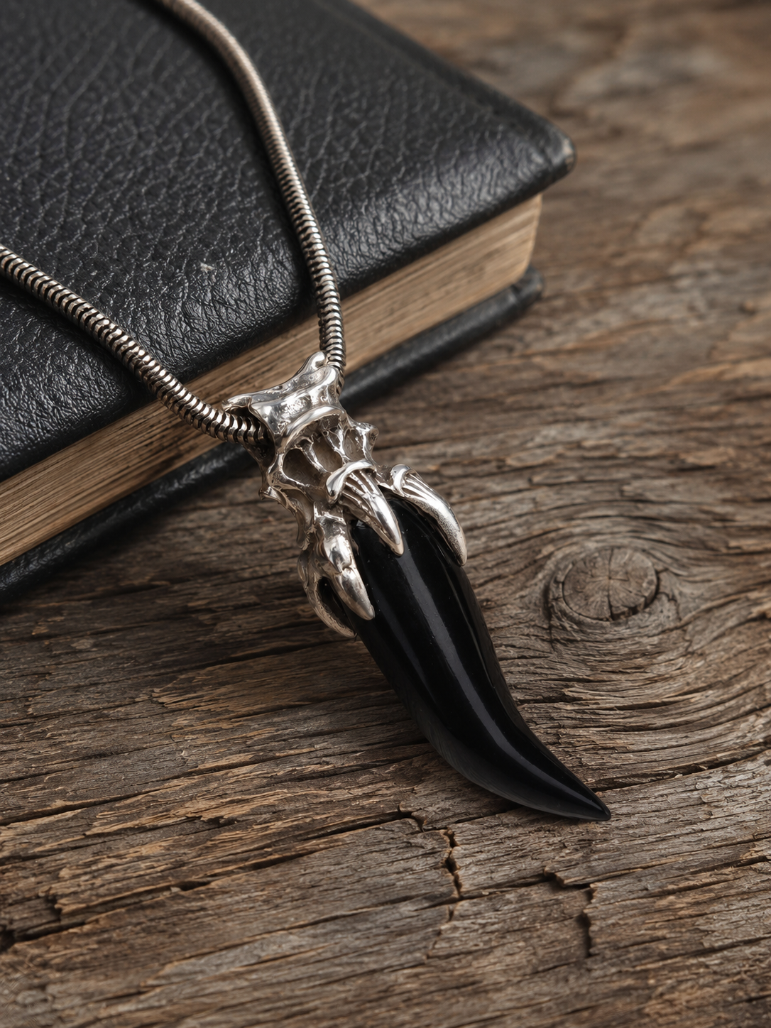 Black Onyx Claw Pendant , Solid Sterling Silver Gothic Fang Talisman