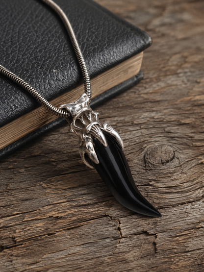 Black Onyx Claw Pendant , Solid Sterling Silver Gothic Fang Talisman