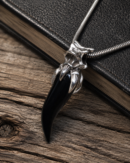 Black Onyx Claw Pendant , Solid Sterling Silver Gothic Fang Talisman
