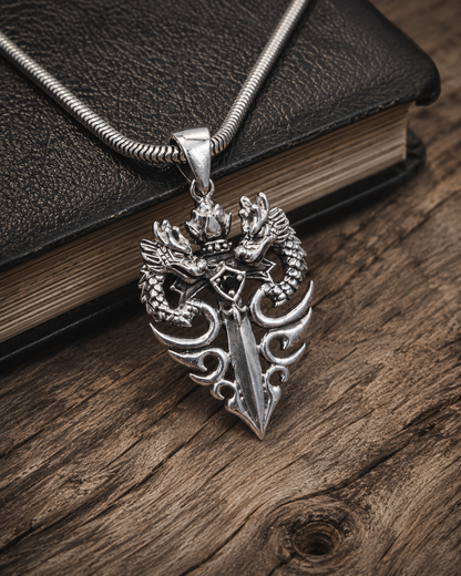 Sterling Silver Dragon Sword Pendant with Black Spinel – Heavy Solid Unisex Gothic Necklace