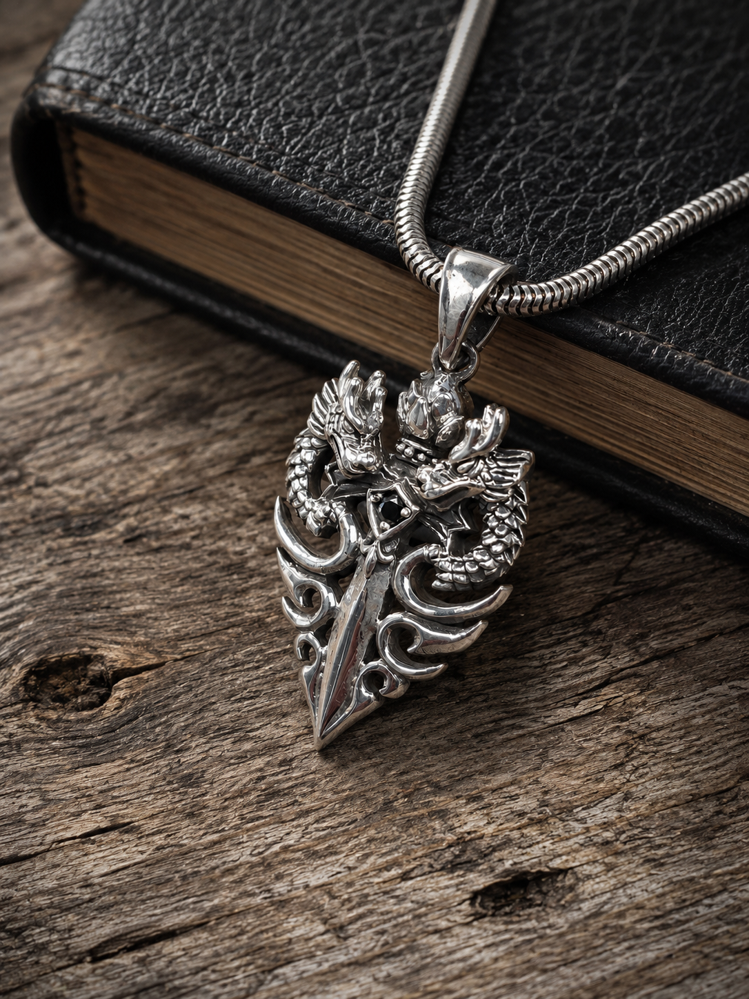 Sterling Silver Dragon Sword Pendant with Black Spinel – Heavy Solid Unisex Gothic Necklace