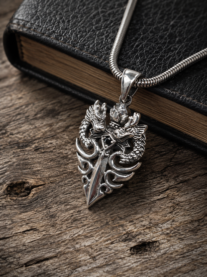 Sterling Silver Dragon Sword Pendant with Black Spinel – Heavy Solid Unisex Gothic Necklace