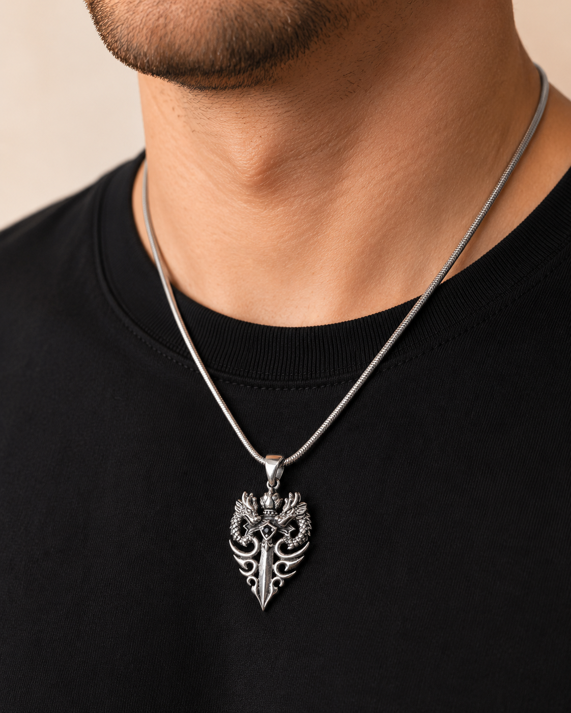 Sterling Silver Dragon Sword Pendant with Black Spinel – Heavy Solid Unisex Gothic Necklace