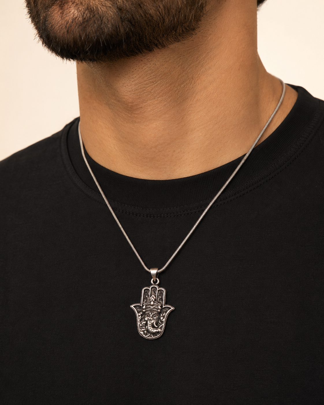 Solid Sterling Silver Hamsa Ganesh Pendant – Heavy 925 Silver Unisex Spiritual Amulet