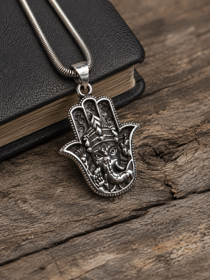 Solid Sterling Silver Hamsa Ganesh Pendant – Heavy 925 Silver Unisex Spiritual Amulet