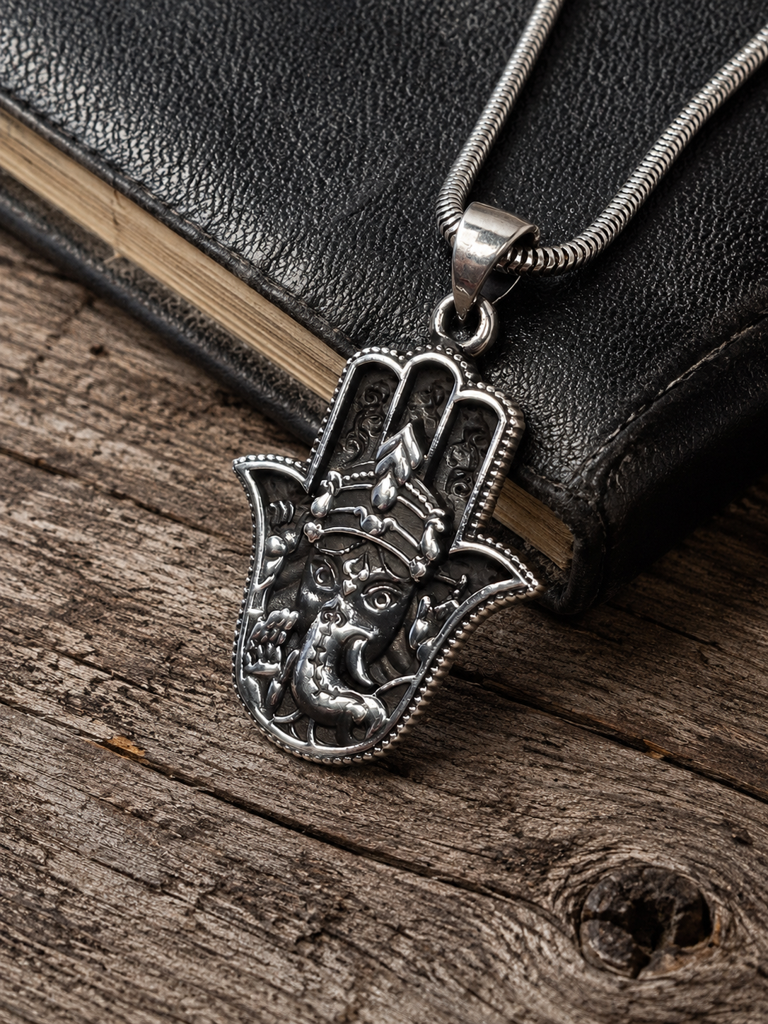 Solid Sterling Silver Hamsa Ganesh Pendant – Heavy 925 Silver Unisex Spiritual Amulet